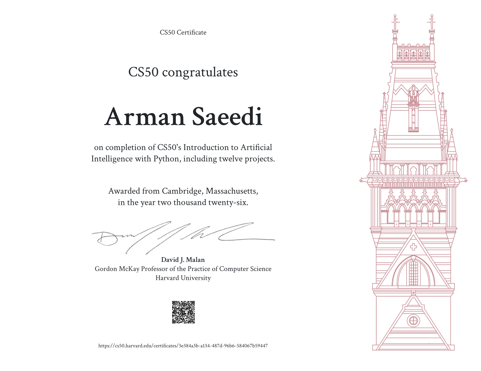 CS50 AI — Introduction to Artificial Intelligence with Python, Harvard University certificate